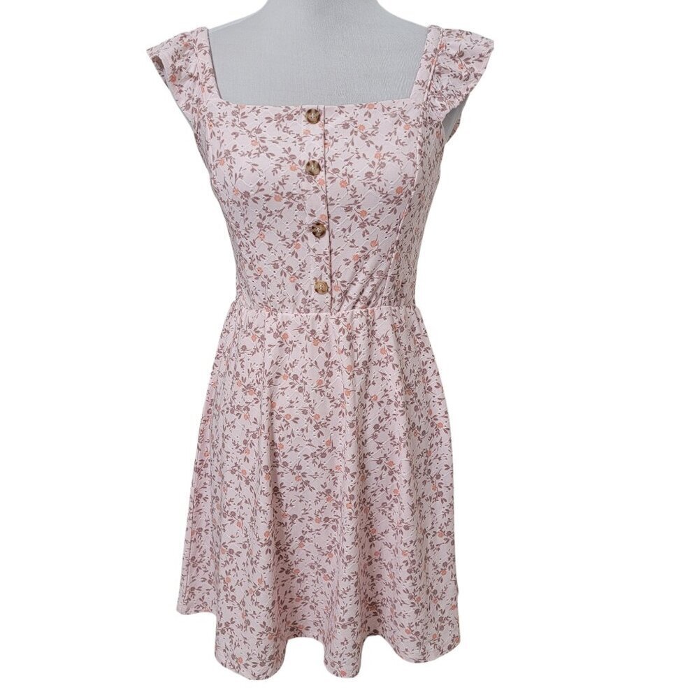 Lily Rose, Size S Pink with Ditzy Floral Pattern Milkmaid Style Mini Dress, NEW